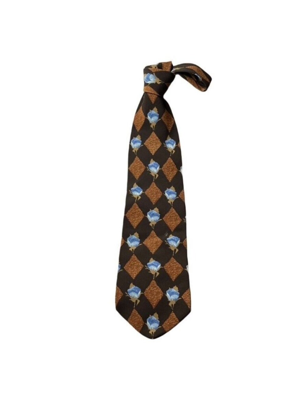 Hugo Boss Silk Necktie With Brown & Blue Argyle Floral Pattern